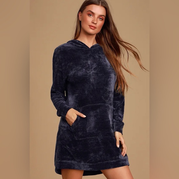 Lulus Dresses & Skirts - Lulu's Micha Navy Blue Chenille Knit Hooded Sweater Dress